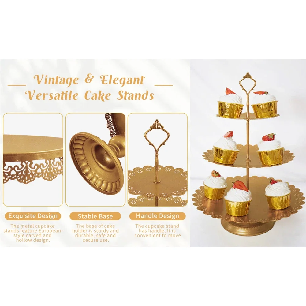 6 Pc Gold Metal Dessert Table Display Set, Cake Stand, Cupcake, 3-Tier Party Set
